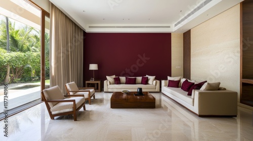 Modern Indian Interior: Minimal Living Space with Maroon Accent Wall, Contemporary Lounge Chairs, and Cinematic Ambiance