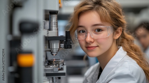 A focused female scientist wearing safety goggles and gloves works on a microscope in a modern laboratory, symbolizing precision, research, and scientific advancement