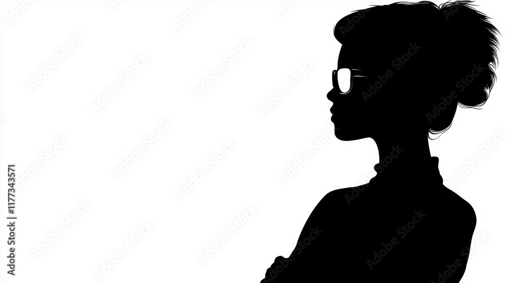 Stylish Woman Silhouette Profile View Glasses Bun Hairstyle Elegant Black and White