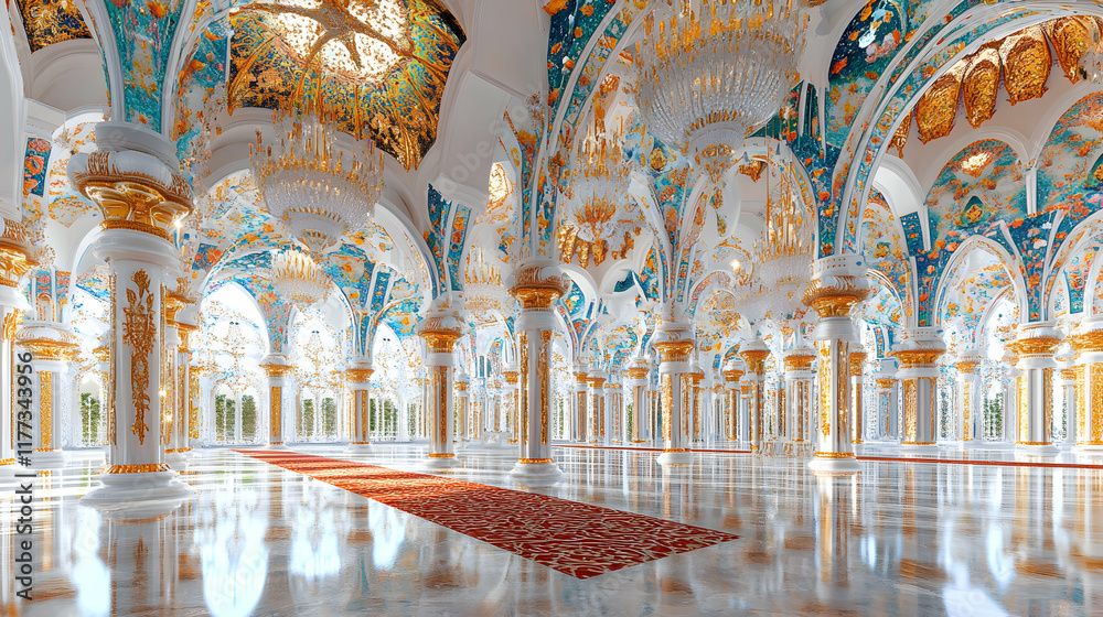 Obraz premium Luxurious ornate mosque interior; grand hall with gold columns, intricate ceiling, and a red carpet. Perfect for design, travel, or religious themes.