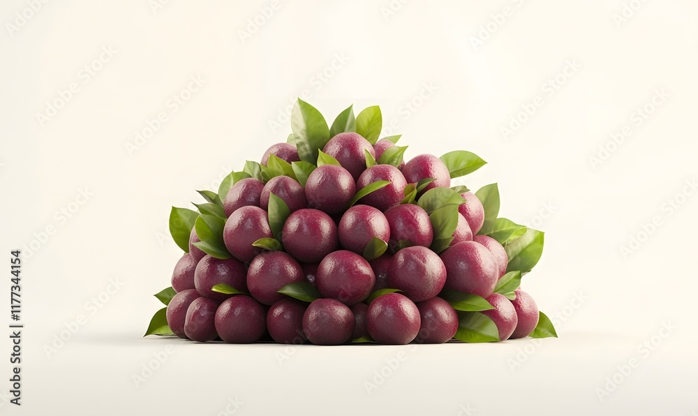 A large pile of ripe red plums with green leaves. A large pile of ripe red plums with green leaves.