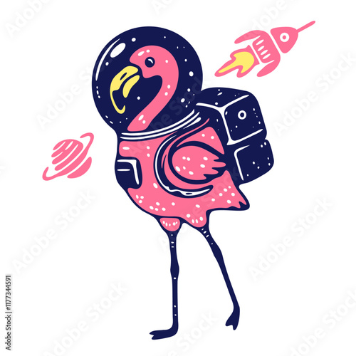 pink flamingo wearing an astronaut spacesuit, galaxy style bird illustration