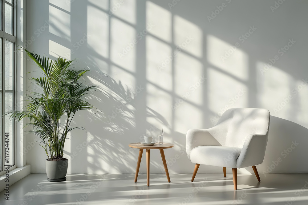 Fototapeta premium Minimalist interior featuring a cozy armchair and a side table in an empty space, perfect for a clean design aesthetic