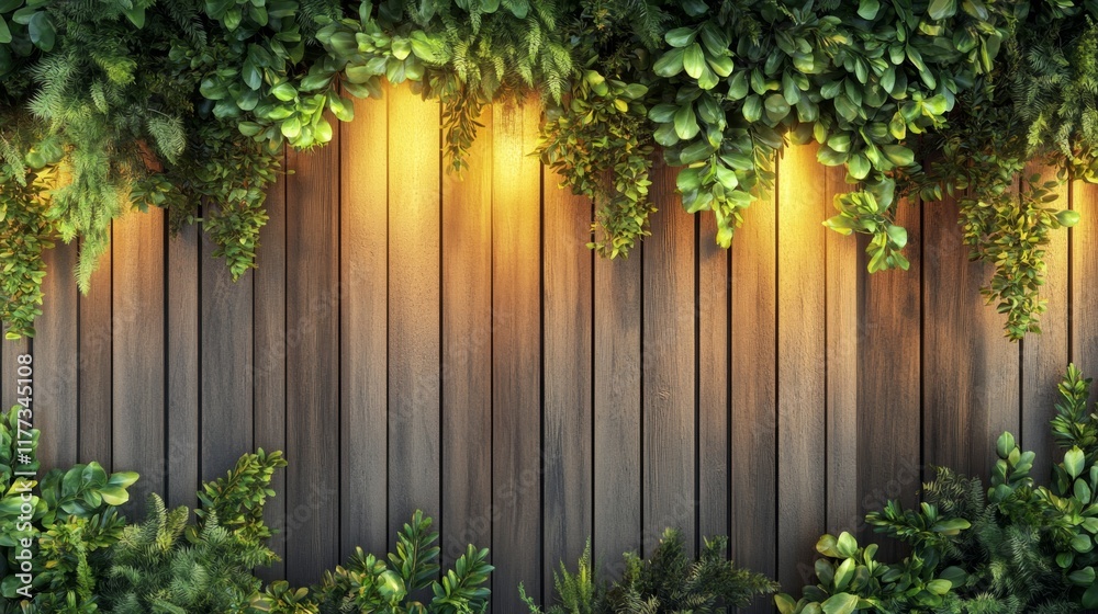 Fototapeta premium Layered Greenery 3D Illustration with Glowing Light on Wooden Panels for Campaigns