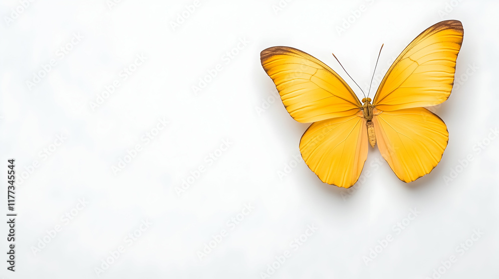 Fototapeta premium Yellow butterfly on white background; nature, spring, delicate wings; greeting card design.