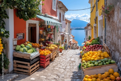 A vibrant marketplace in Krk island old town, with locals selling handcrafted souvenirs and fresh produce