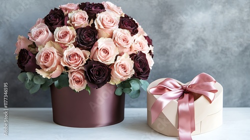 A luxurious bouquet of roses next to a heart-shaped box with a satin ribbon