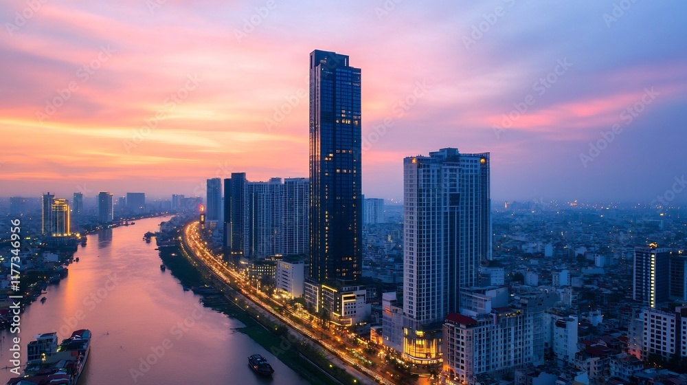 Fototapeta premium Vibrant Cityscape with Majestic Skyscrapers and Serene River at Sunset