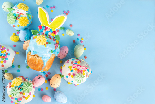 Bright colorful Easter cakes, pastries and eggs greeting card background with copy space,  Easter cooking concept, sweet treats sale, Easter party, spring baking fair invitation photo