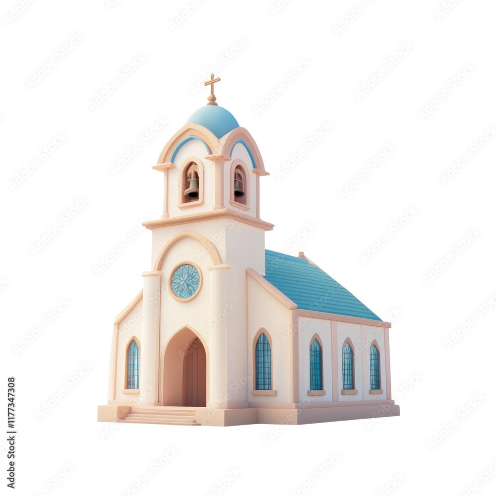 3D church building with bell tower and arched windows, soft pastel colors. Suitable for concepts related to religion, community, or classic architecture. Isolated on transparent background, png. 3D church building with bell tower and arched windows, soft pastel colors. Suitable for concepts related to religion, community, or classic architecture. Isolated on transparent background, png.