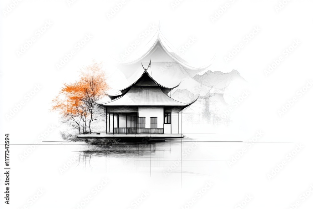 A simple line art illustration of a Thai ubosot, with clean black lines outlining its roof and facade on a white background