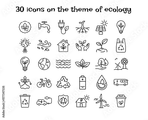 30 ecology-themed icons in minimalist line art style
