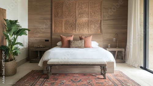 Indian-Inspired Modern Bedroom with Carved Wooden Accent Wall and Tribal Rug