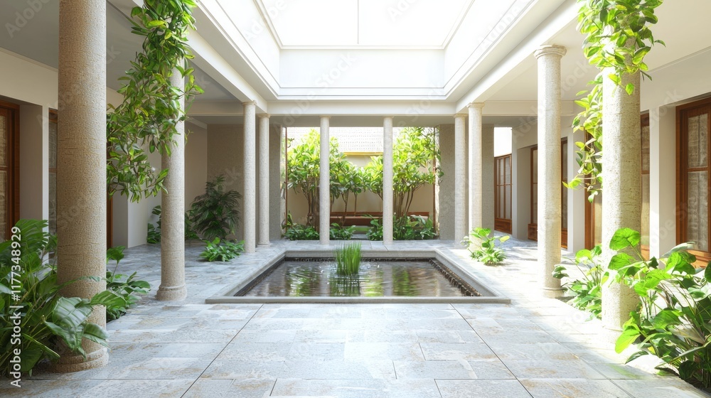 Fototapeta premium Serene Indian-Inspired Contemporary Courtyard with Skylight, Pillars, Water Feature, and Greenery Cinematic Scene