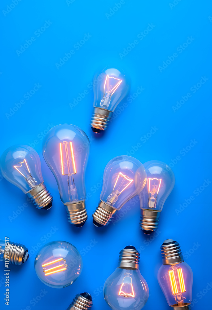 Several LED bulb on blue background. Saving energy concept, dinamic scene, with white tones Several LED bulb on blue background. Saving energy concept, dinamic scene, with white tones