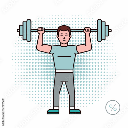 Man lifting barbell in minimalist line art, fitness and strength concept