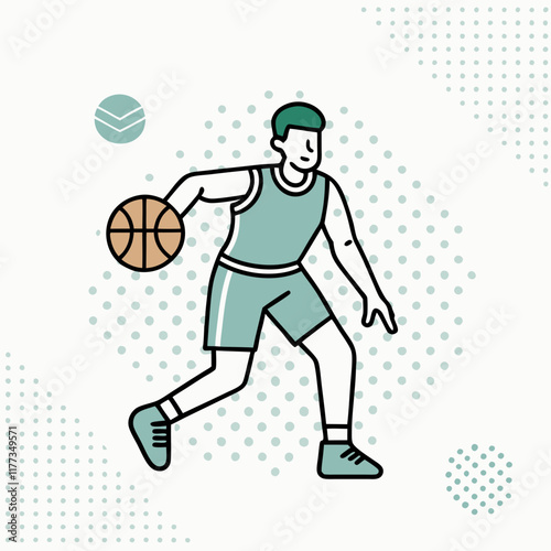 Basketball player dribbling ball in minimalist line art, sports and activity concept