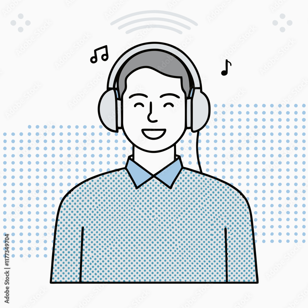 Man enjoying music with headphones in minimalist line art, relaxation and fun Man enjoying music with headphones in minimalist line art, relaxation and fun