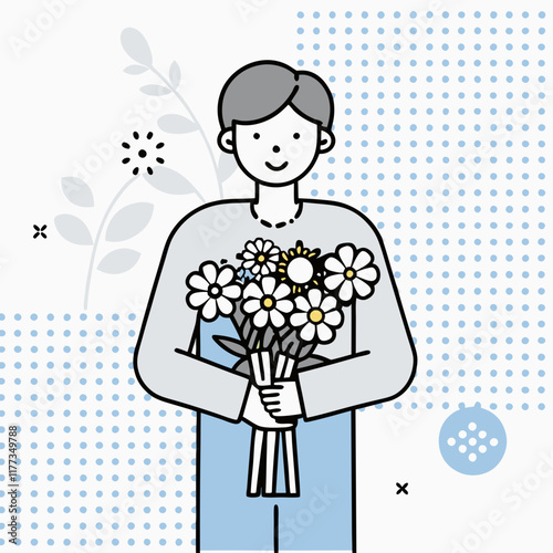 Man holding bouquet of flowers in minimalist line art, thoughtful gesture