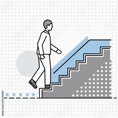 Man walking upstairs in minimalist line art, progress and success concept