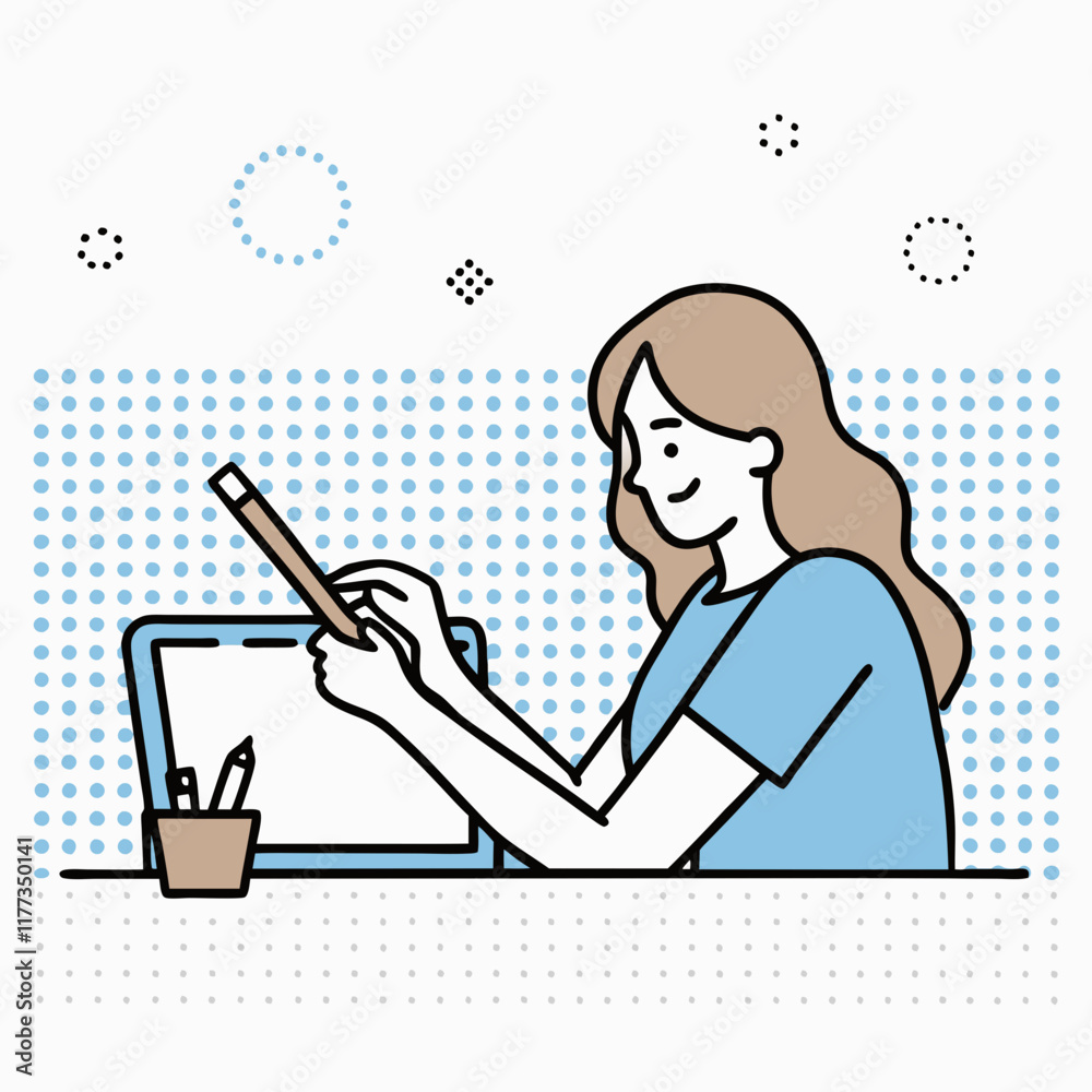 Woman working on tablet, minimalist line art for creativity and design Woman working on tablet, minimalist line art for creativity and design