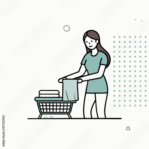 Woman folding laundry, minimalist illustration of daily chores