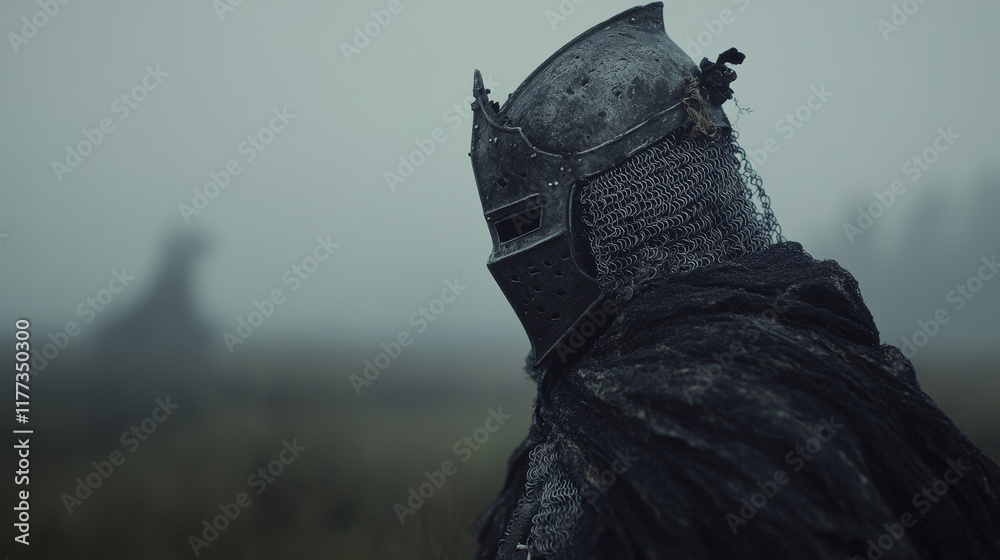 Fototapeta premium knight in weathered helmet stands in misty landscape, evoking sense of mystery and history. soft light enhances details of armor and surroundings