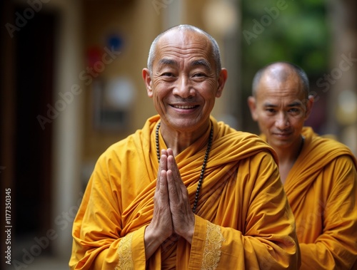 Smiling monks in orange robes practicing gratitude in serene temple surroundings photo