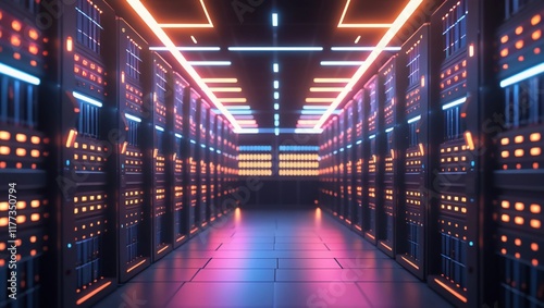 Modern Data Center with Rack Servers and Futuristic Lighting