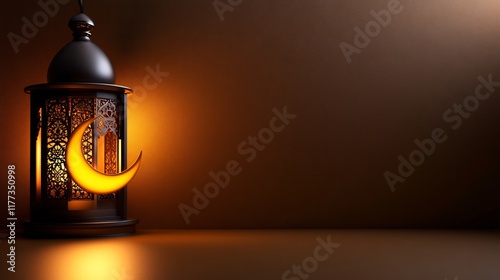 Illuminated Ramadan Lantern with Crescent Moon photo