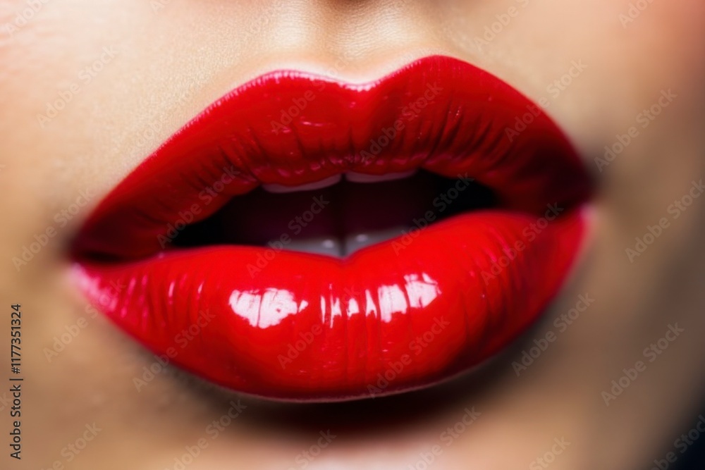 Fototapeta premium Vivid red lips glisten with shine, complementing bright white teeth in this close-up view, highlighting beauty and makeup artistry.