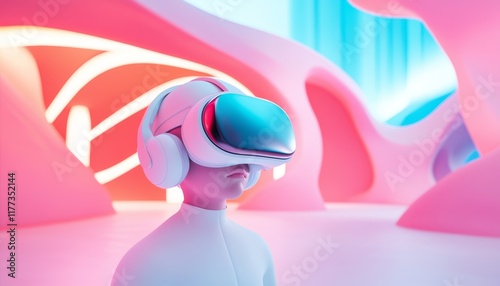 A futuristic scene featuring a person wearing VR goggles in a vibrant, abstract environment with pink and blue colors.