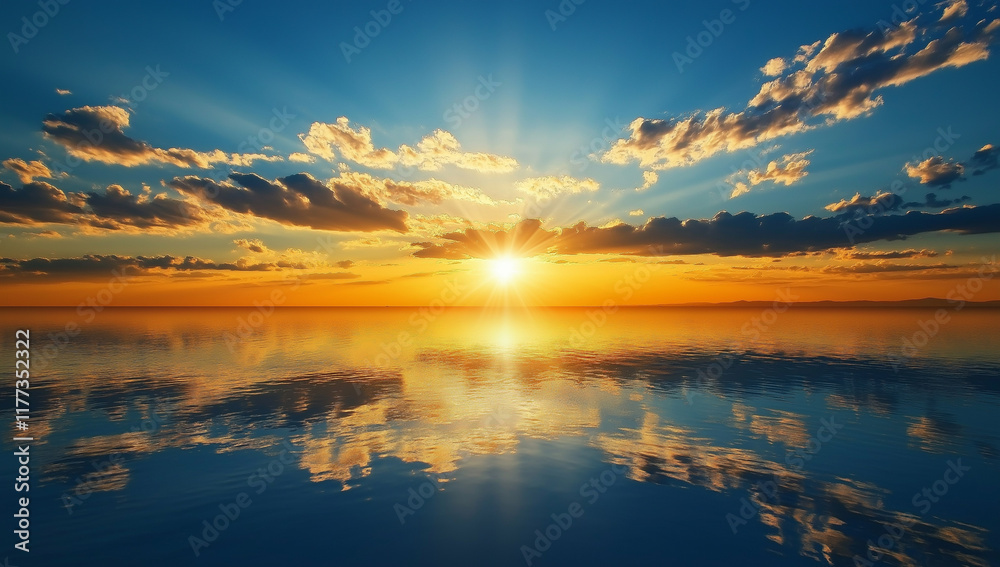 Fototapeta premium Golden sunset reflections on the sea, under a vibrant evening sky filled with warm colors.