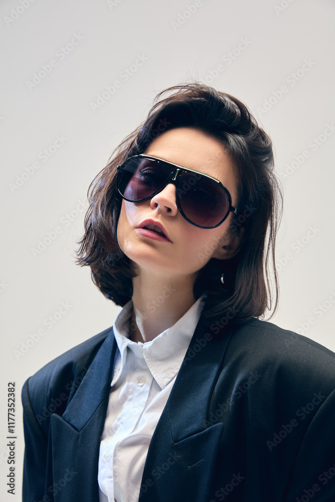 Portrait of stylish and beautiful young woman with oversized sunglasses, black blazer and white shirt, posing against minimalist studio background. Concept of business, fashion trends, beauty, style Portrait of stylish and beautiful young woman with oversized sunglasses, black blazer and white shirt, posing against minimalist studio background. Concept of business, fashion trends, beauty, style