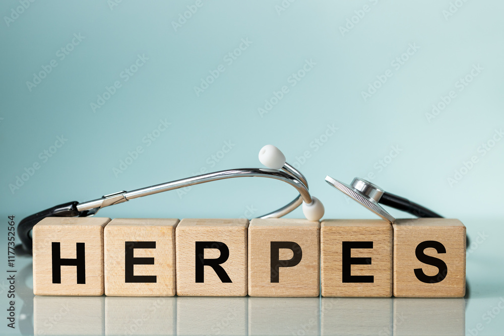 The word Herpes on wooden blocks with a medical stethoscope. acronym HSV (from English herpes simplex virus) herpes simplex virus, development of genital herpes and oral herpes