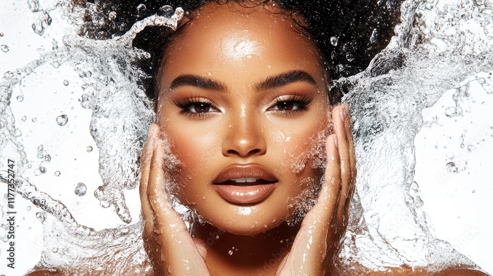 Obraz premium Water Splash Beauty: A radiant woman emerges from a refreshing water splash, her skin glowing with natural beauty. Her captivating gaze and effortless confidence capture the essence of pure.