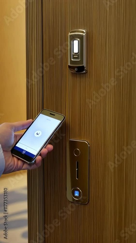 Unlocking a smart lock with a smartphone at a modern hotel room entrance