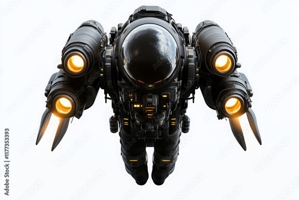 Fototapeta premium Futuristic Jetpack Astronaut in Flight with Bright Thrusters
