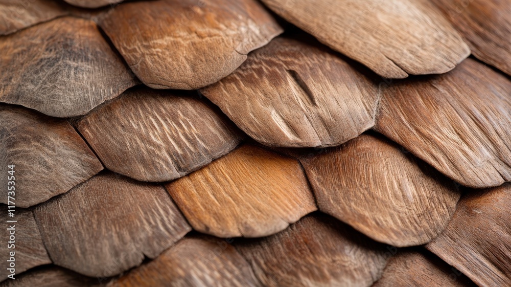 Fototapeta premium Natural Wooden Shingles Texture, Close-Up View of Brown Wooden Roof Tiles, Organic Pattern and Natural Material Background