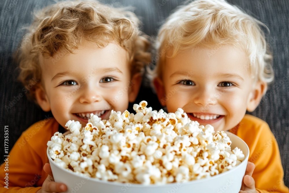 Twin toddlers sharing a big bowl of popcorn while watching a movie on a cozy couch Twin toddlers sharing a big bowl of popcorn while watching a movie on a cozy couch