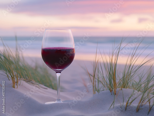 A glass of red wine sits on the sandy beach