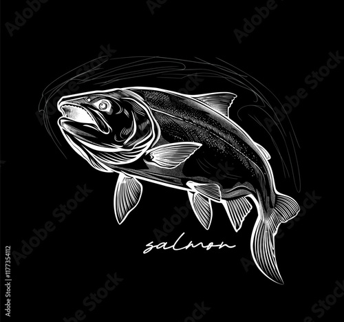 Salmon hand drawn black and white vector illustration