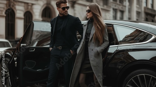 Fashionable couple stepping out of a luxury car photo