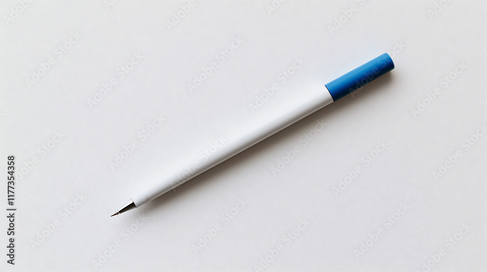 White pen with blue accent on white background. White pen with blue accent on white background.