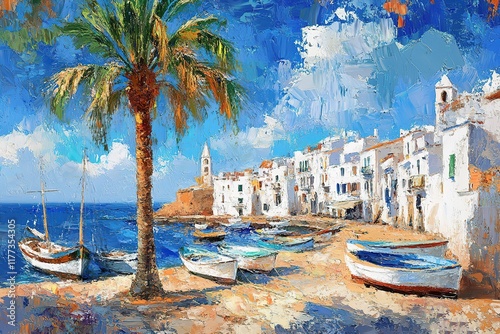 Vibrant Impressionist Painting of a Mediterranean Seaside Town