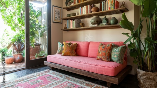 Indian-style Modern Multi-Purpose Family Den with Bright Upholstered Futon and Handloom Rug, Cinematic Ultra-Detailed Interior Design