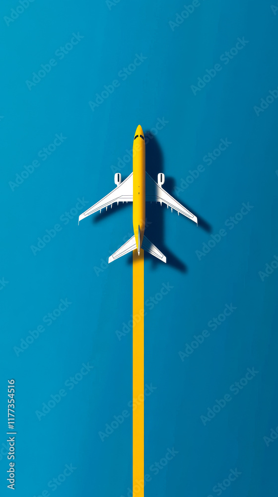 A vibrant overhead view of a yellow and white airplane flying over a calm blue ocean, creating a striking contrast. A vibrant overhead view of a yellow and white airplane flying over a calm blue ocean, creating a striking contrast.