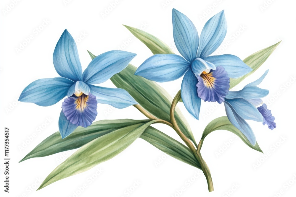 two blue orchid flowers with green leaves