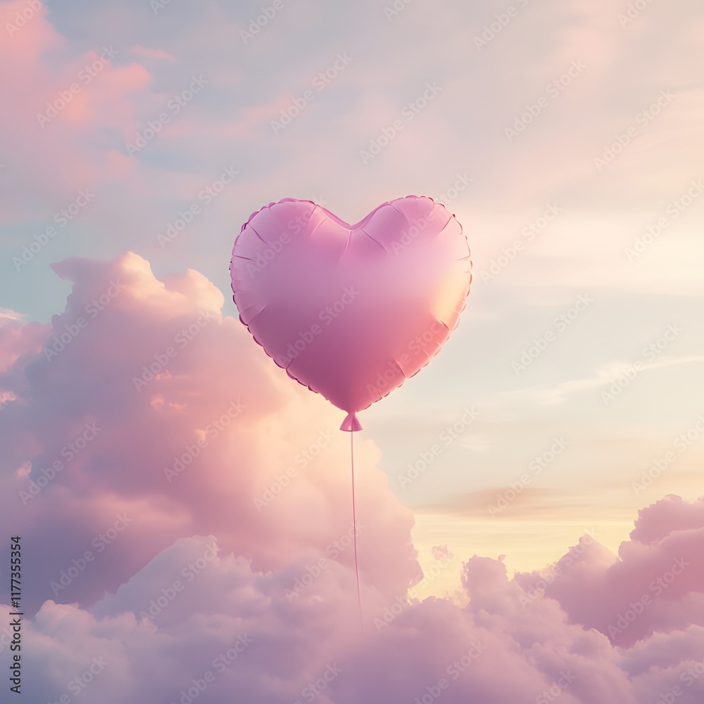 Fototapeta premium Heart-shaped balloon floating among pastel clouds during sunset