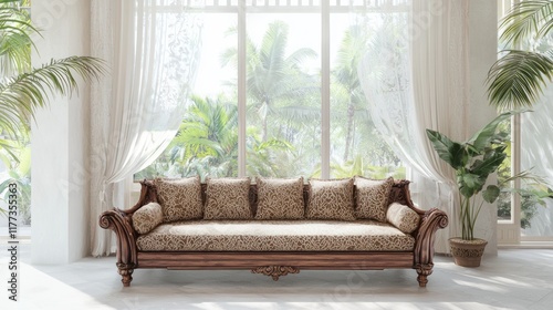 Serene Indian-Style Modern Interior with Carved Wooden Sofa and Sheer Curtains, Cinematic Home Design Concept